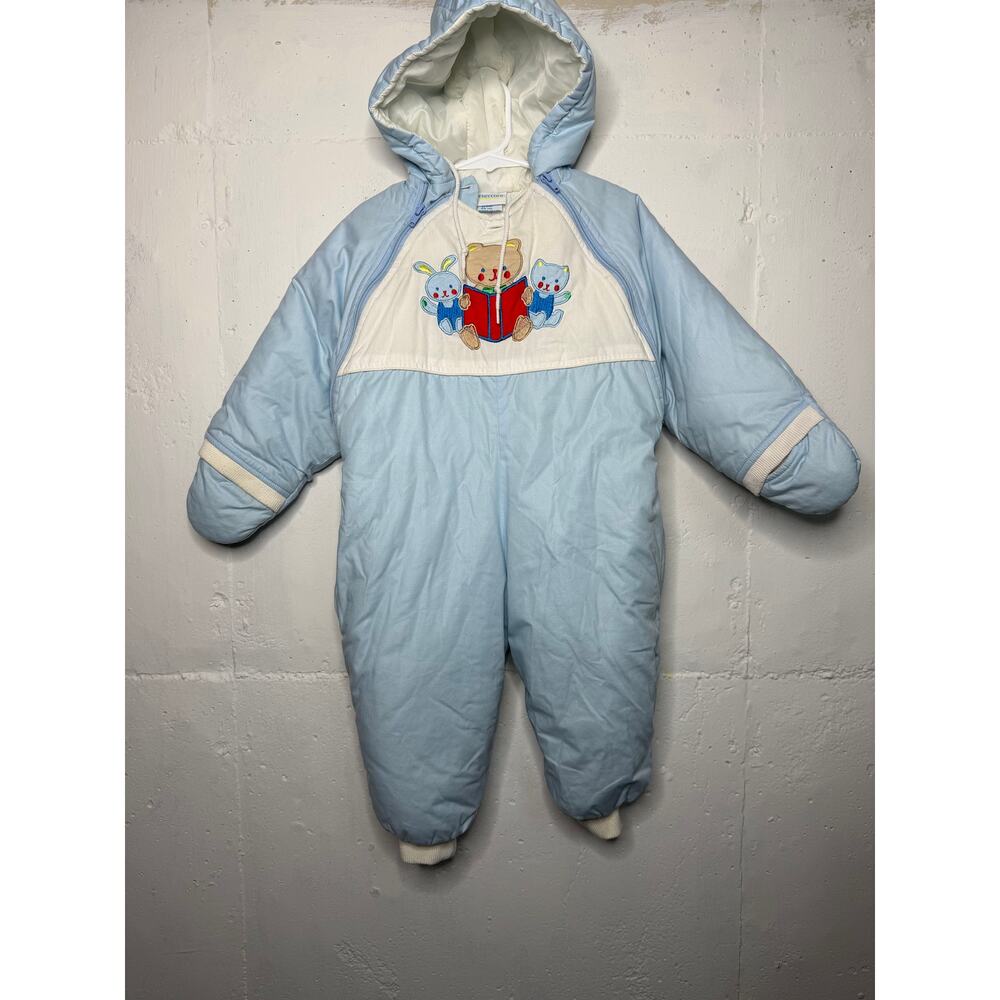 Vintage Baby Snowsuit 24 Months Blue Embroidered Hooded One Piece Booties